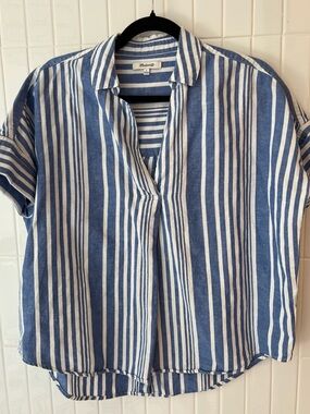 Madewell Striped Linen Cotton Popover Shirt Blue White Short Sleeve Button Back